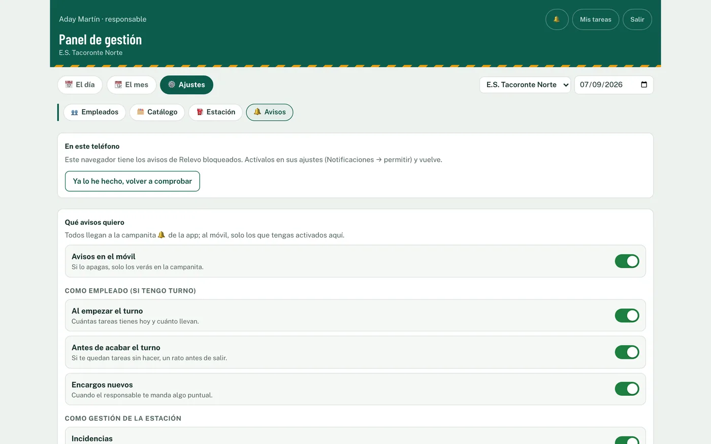 Pantalla: Avisos al móvil